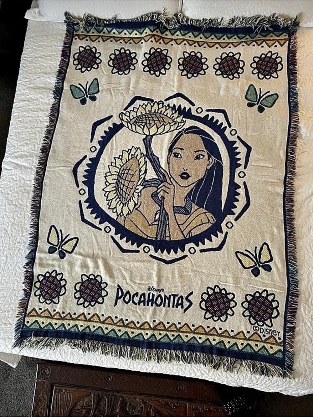 Vintage Beacon Disney Pocahontas Woven Tapestry Throw Blanket Cream & Blue
